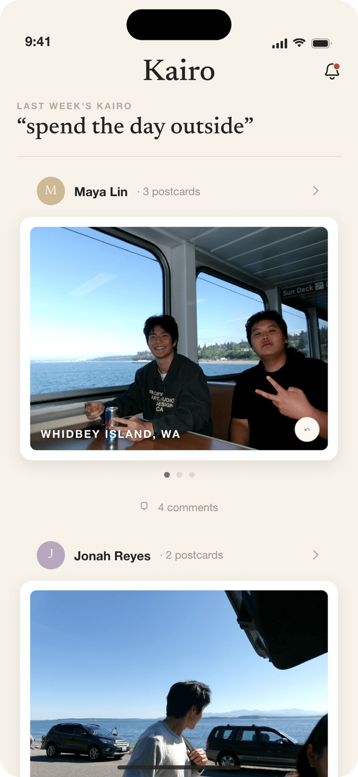 The revealed feed: friends' postcards answering the same prompt